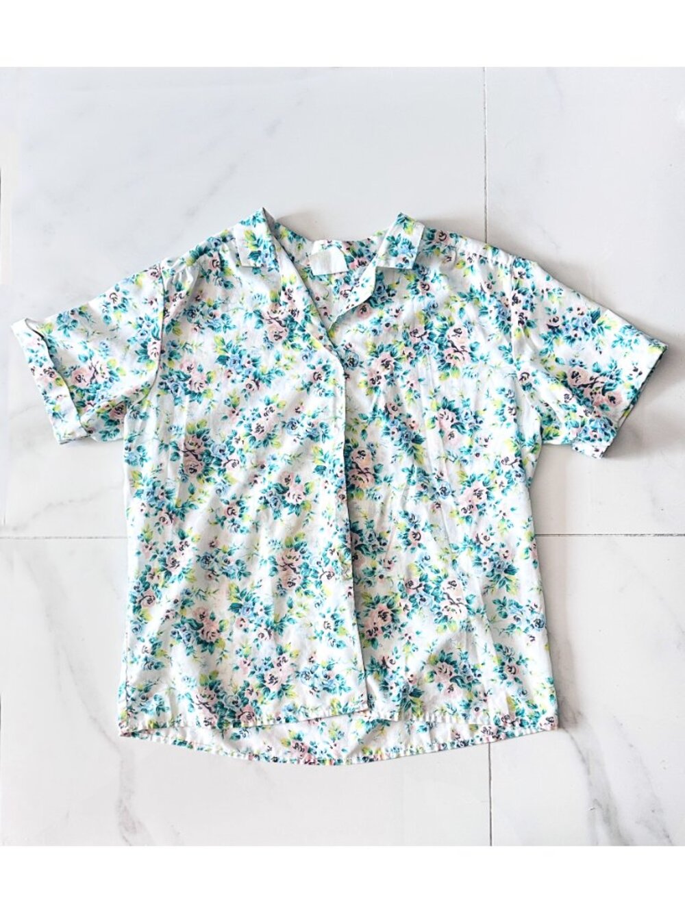 Vintage Spring Floral Short Sleeve Button Down Blouse, Lightweight Cottagecore